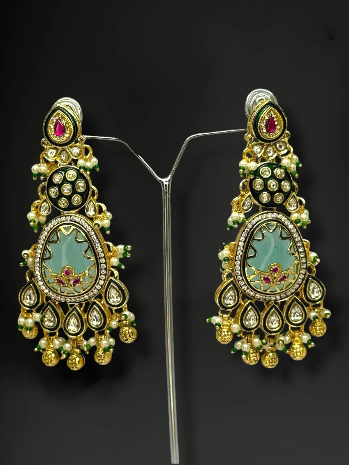Sabyasachi-Inspired Pista Meenakari Earrings with Pearl Drips