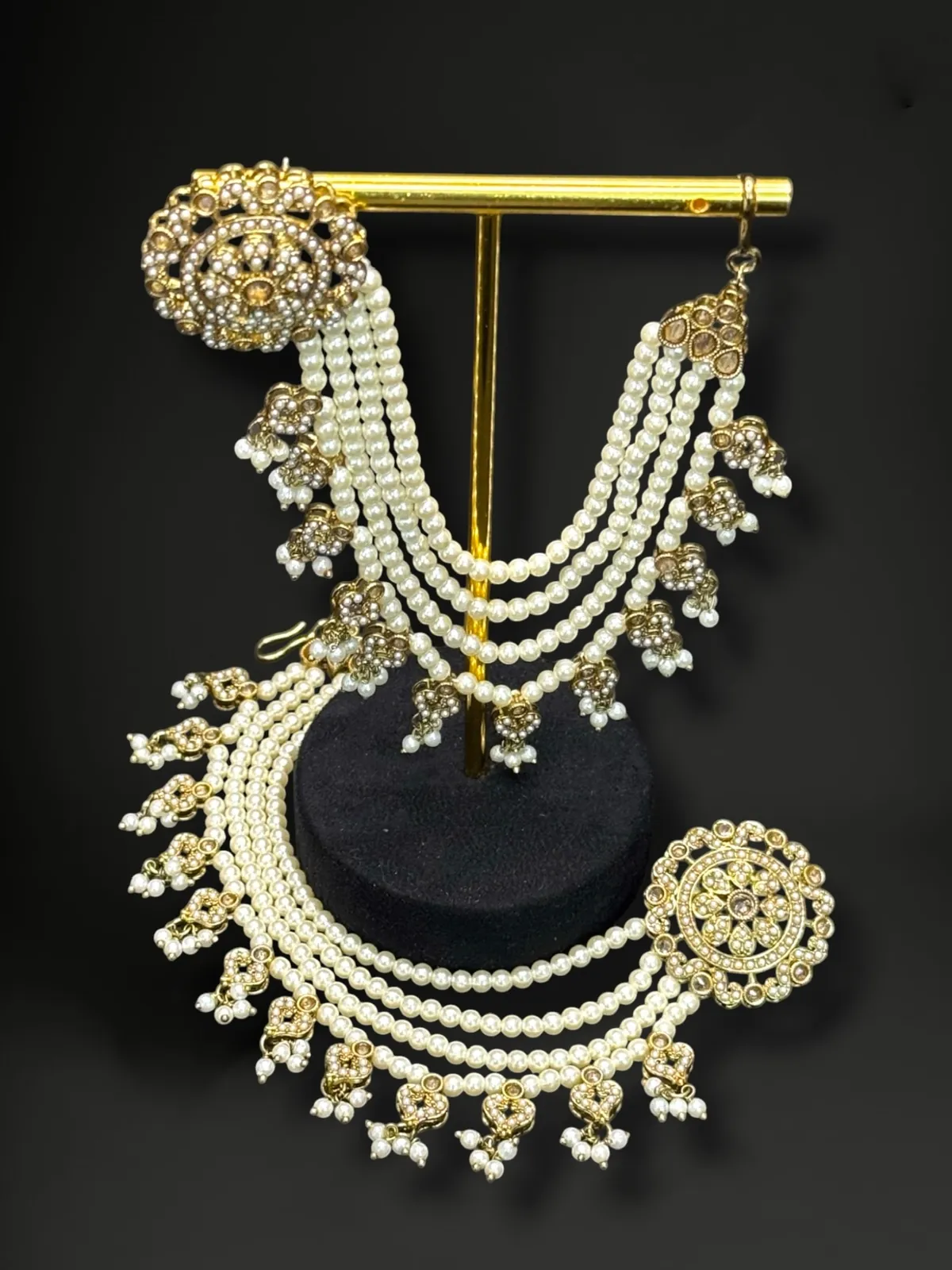 Majestic Bahubali Jhumka Earrings with Three-Tiered Ear Chains